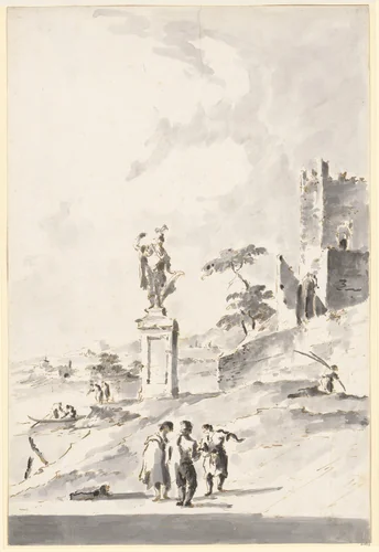 Capriccio with a Statue of a Warrior and a Ruined Castle on the Shore of the Lagoon by Giacomo Guardi, drawing, 1777-1793