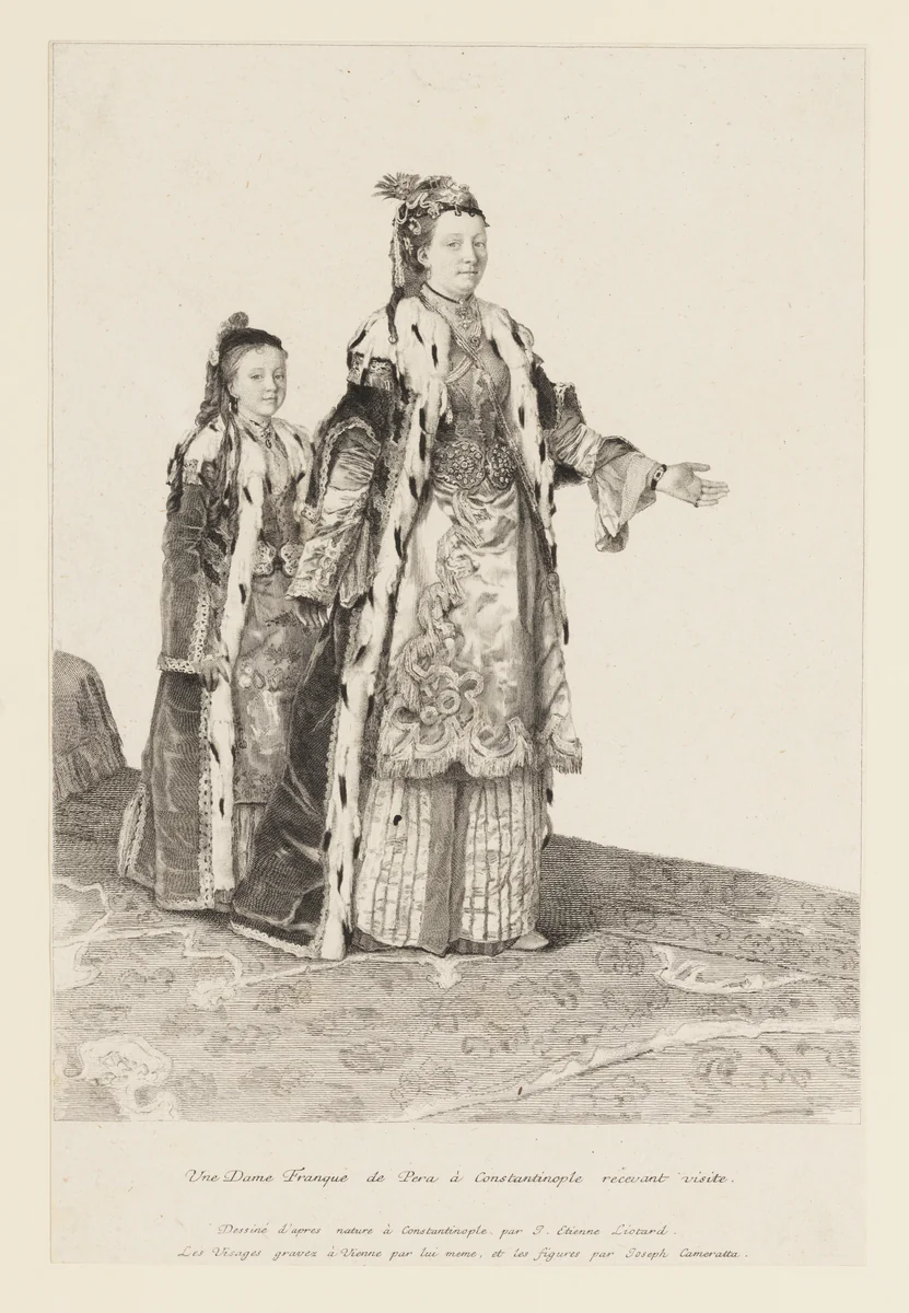 A woman of European descent in Pera, Constantinople receiving visitors, followed by a young girl (Une Dame Franques de Pera à Constantinople recevant visite) by Jean-Etienne Liotard, print, 1745