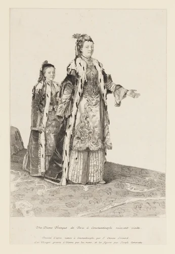 A woman of European descent in Pera, Constantinople receiving visitors, followed by a young girl (Une Dame Franques de Pera à Constantinople recevant visite) by Jean-Etienne Liotard, print, 1745