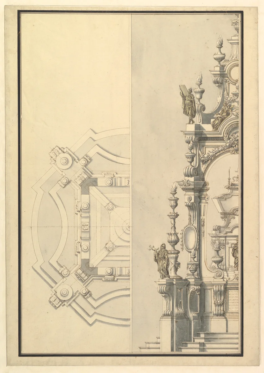 Half Ground Plan and Half Elevation for a Catafalque with Royal Crown Surmounting Casket by Giuseppe Galli Bibiena, drawing, 1696-1756