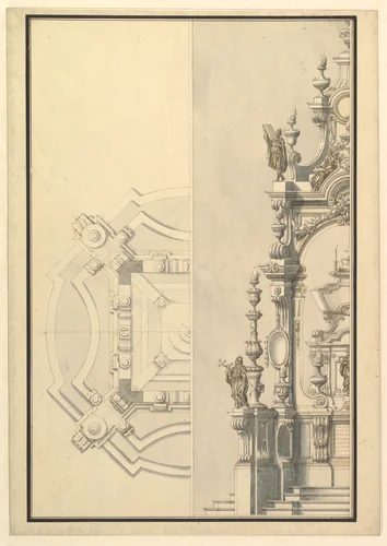 Half Ground Plan and Half Elevation for a Catafalque with Royal Crown Surmounting Casket by Giuseppe Galli Bibiena, drawing, 1696-1756
