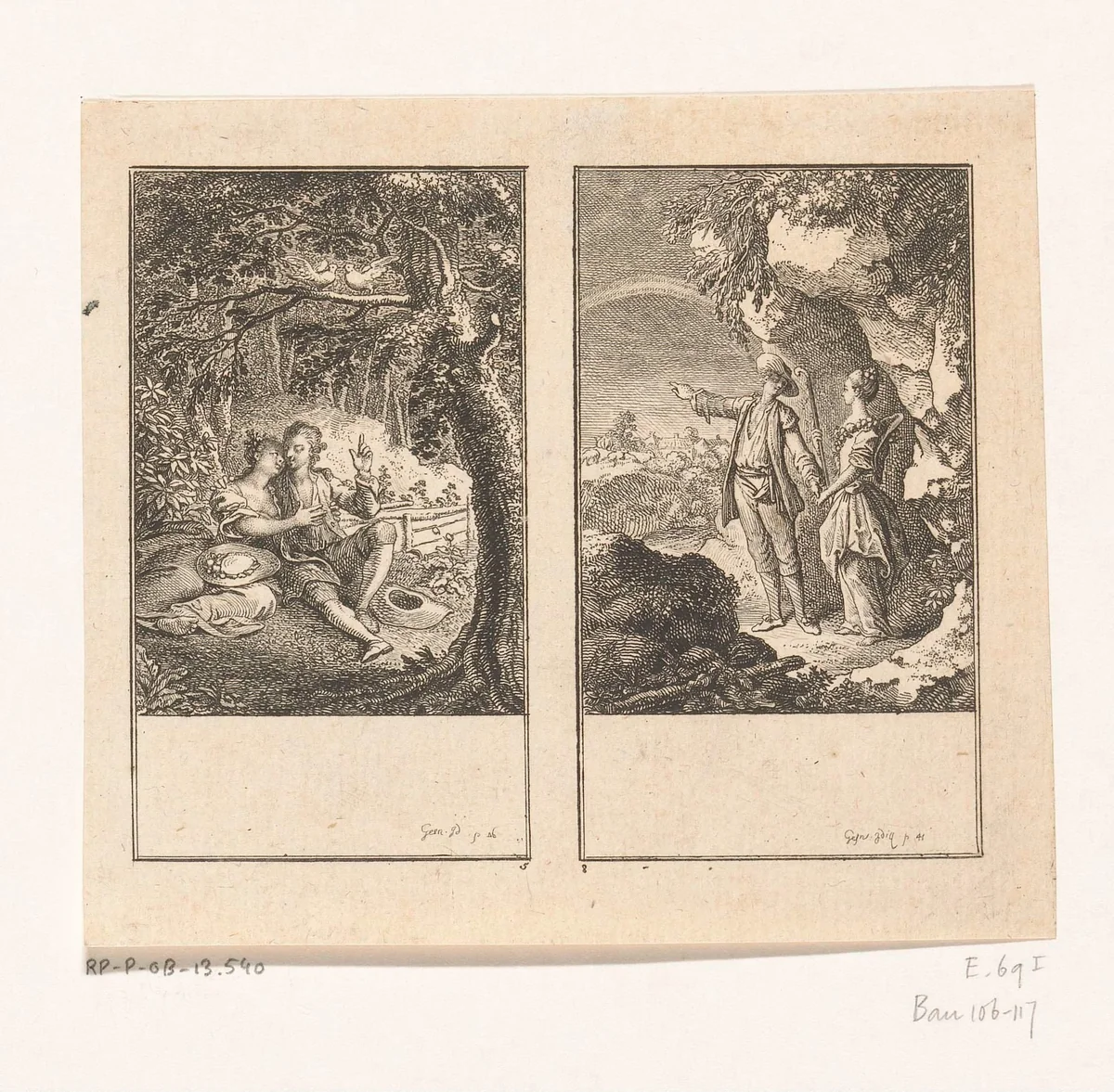 Twee scènes uit de Idyllen van Salomon Gessner by Daniel Nikolaus Chodowiecki, print, 1771