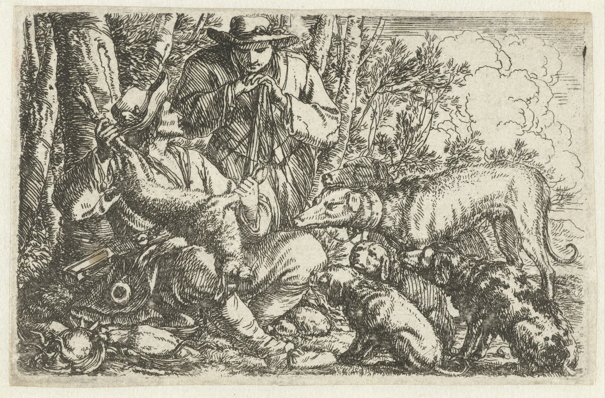 Twee rustende jagers met hun honden en buit by Jonas Umbach, print, 1634-1693