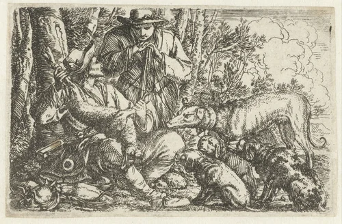 Twee rustende jagers met hun honden en buit by Jonas Umbach, print, 1634-1693