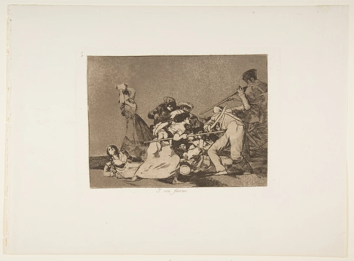 Plate 5 from "The Disasters of War" (Los Desastres de la Guerra): 'And they are like wild beasts' (Y son fieras) by Goya, print, 1810