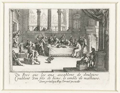 De verloren zoon ontvangt zijn deel van de erfenis by Jacques Callot, print, 1635