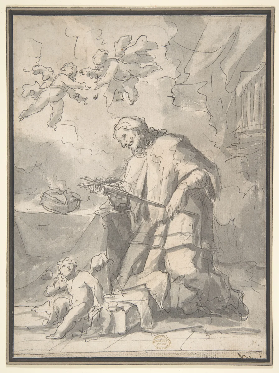 Saint John Nepomucen Venerating a Crucifix by Gaspare Diziani, drawing, 1689-1767