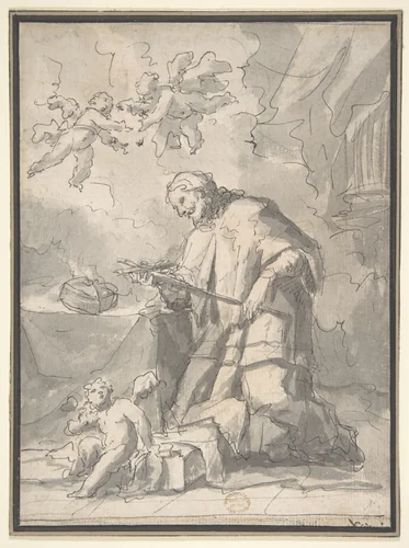 Saint John Nepomucen Venerating a Crucifix by Gaspare Diziani, drawing, 1689-1767