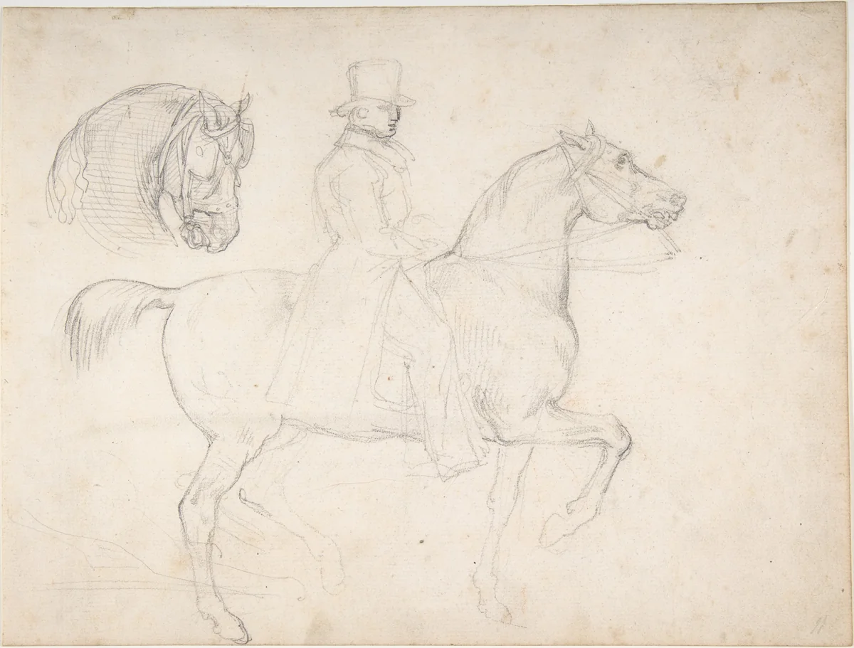Man on Horseback, and Study of Horse's Head by Théodore Gericault, drawing, 1805-1824