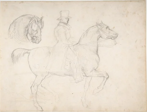 Man on Horseback, and Study of Horse's Head by Théodore Gericault, drawing, 1805-1824