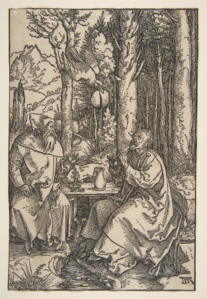 Saint Anthony and Saint Paul in the Desert by Albrecht Dürer, print, 1503-1504
