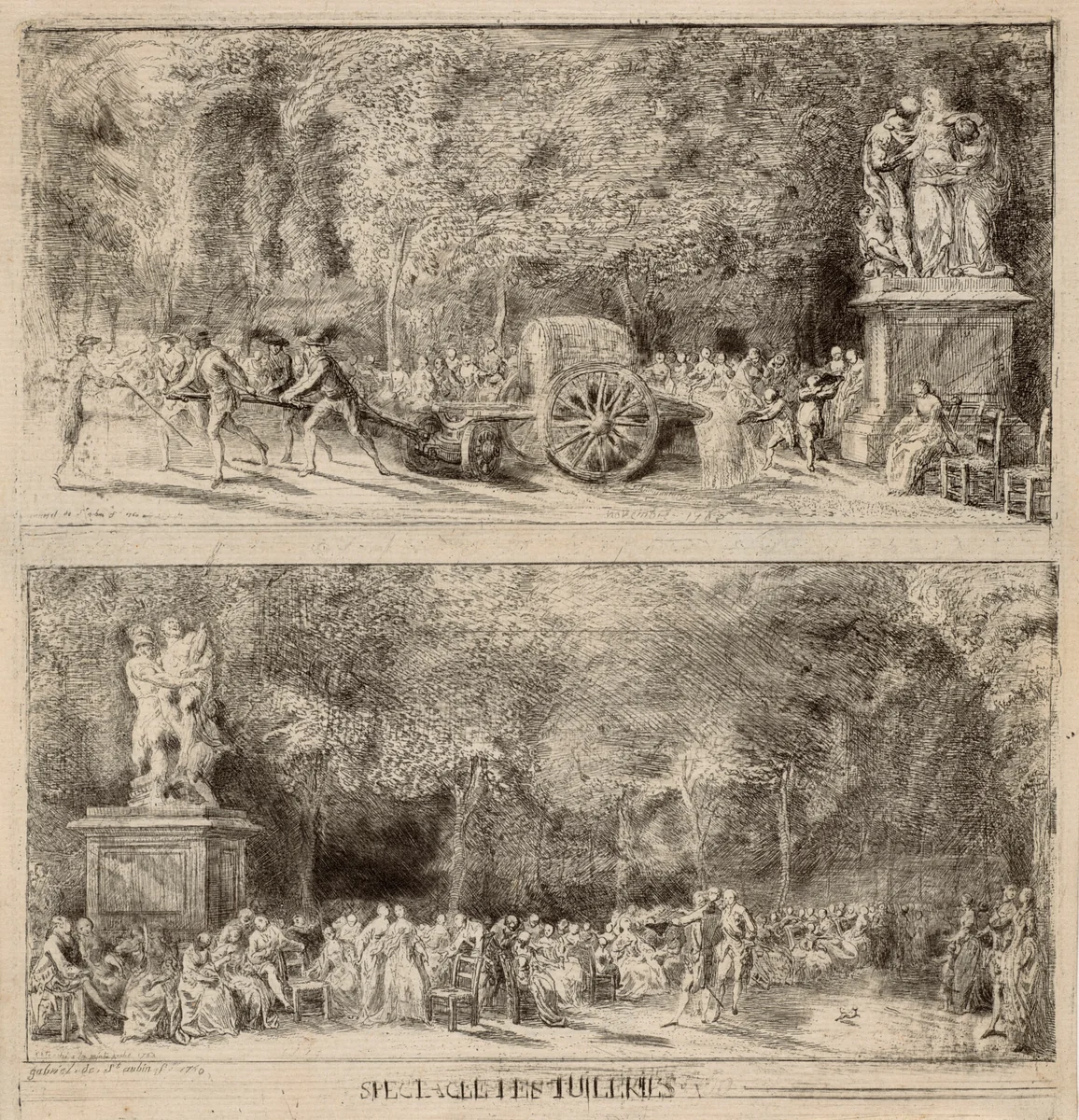 Scenes from the Tuileries: The Chairs and the Water Cart by Gabriel Jacques de Saint-Aubin, print, 1760