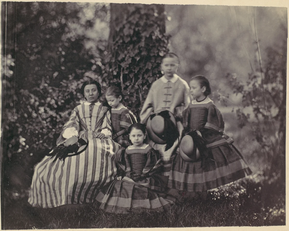 [Seated Lady in Striped Dress with Four Little Girls] by Franz Antoine, photograph, 1850-1869
