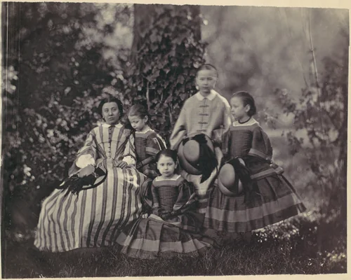[Seated Lady in Striped Dress with Four Little Girls] by Franz Antoine, photograph, 1850-1869