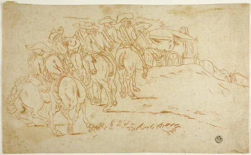 Cavalry Escorting Coach by Hendrik Verschuring, drawing, 1647-1690
