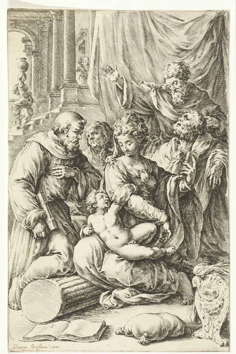 Maria met kind, Jozef, de heilige Anna en twee mannelijke heiligen by Jan de Bisschop, print, 1668-1671