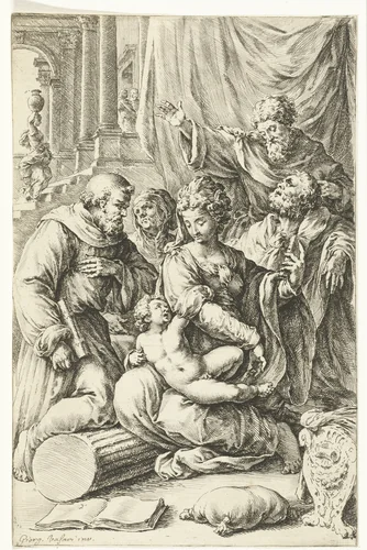 Maria met kind, Jozef, de heilige Anna en twee mannelijke heiligen by Jan de Bisschop, print, 1668-1671