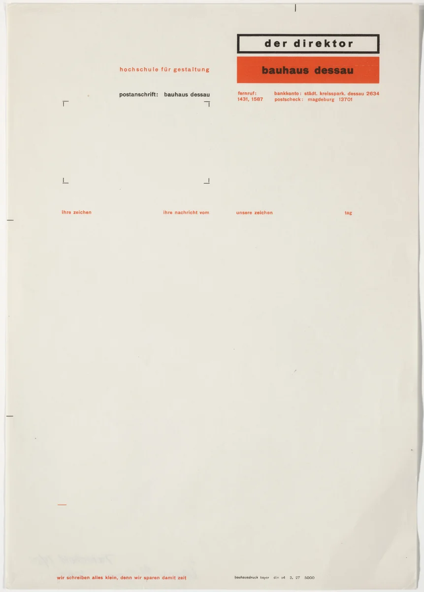 Der Direktor Bauhaus Dessau, Hochschule für Gestaltung (Mailing card for The Director, Bauhaus Dessau, School of Design) by Herbert Bayer, design, 1927