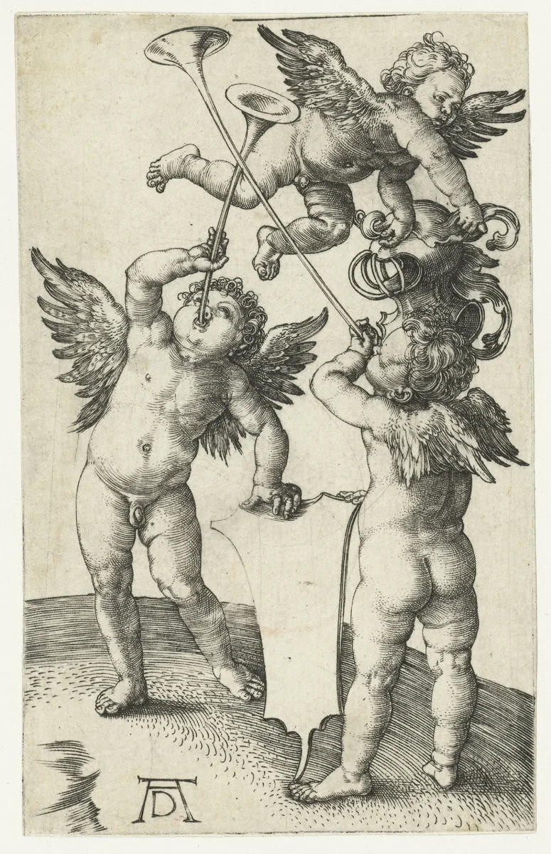 Drie putti met trompetten, schild en helm by Unknown, print, 1498-1502