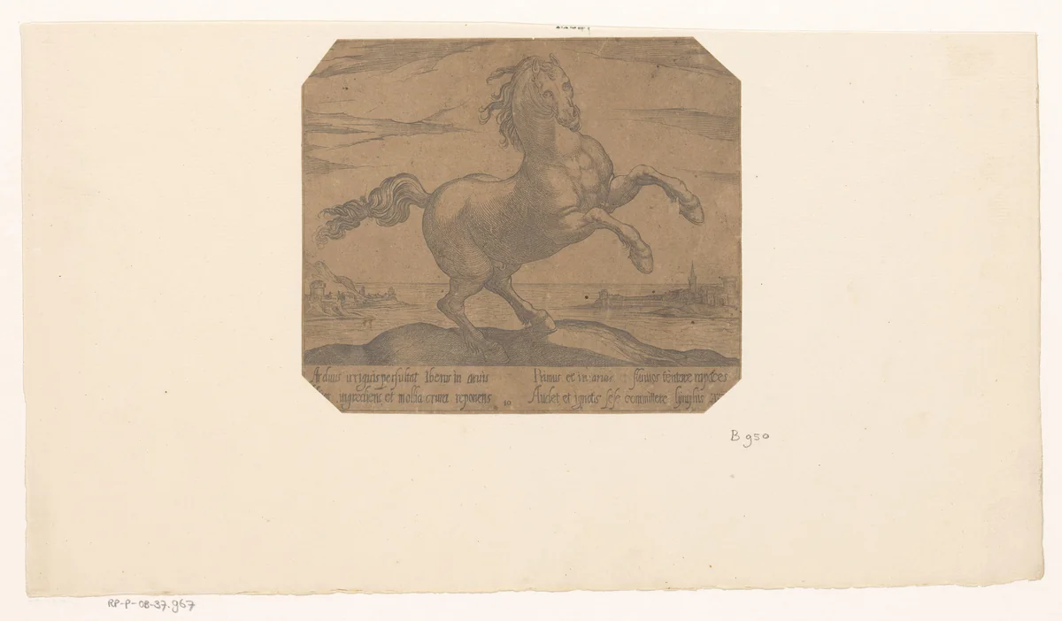 Steigerend paard naar voren kijkend voor een zeegezicht by Unknown, print, 1590