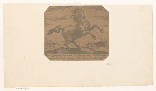 Steigerend paard naar voren kijkend voor een zeegezicht by Unknown, print, 1590