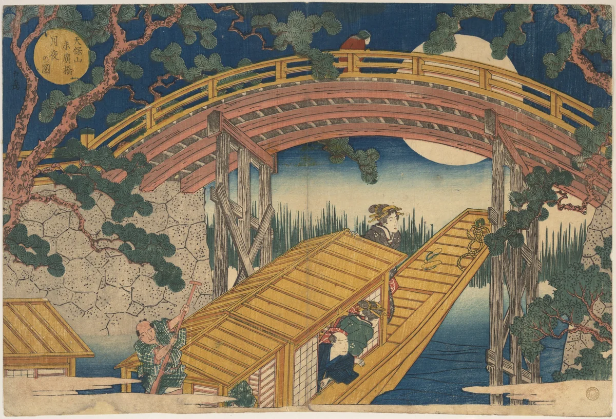 Moonlight View of Suihiro Bridge, Tempozan by Yashima Gakutei (八島岳亭), print, 1838
