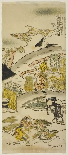 Autumn: Harvesting Rice (Aki: inekari no zu), No. 3 from the series "The Four Seasons of Farmers (Shiki no hyakusho)" by Torii Kiyomasu II (鳥居 清倍), print, 1730-1739