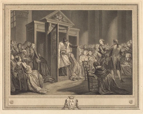 Le confessional by Pierre Etienne Moitte, print, 1777