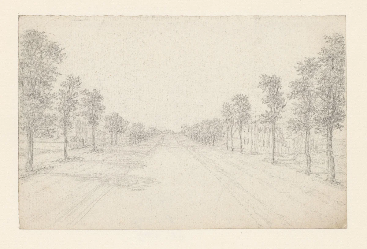 Brede landweg met jonge bomen beplant by Georges Michel, drawing, 1773-1843