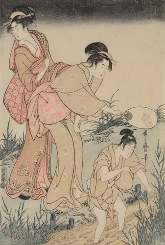 Catching Fireflies Beneath a Willow Tree (right) by Kitagawa Utamaro (喜多川歌麿), print, 1796-1797
