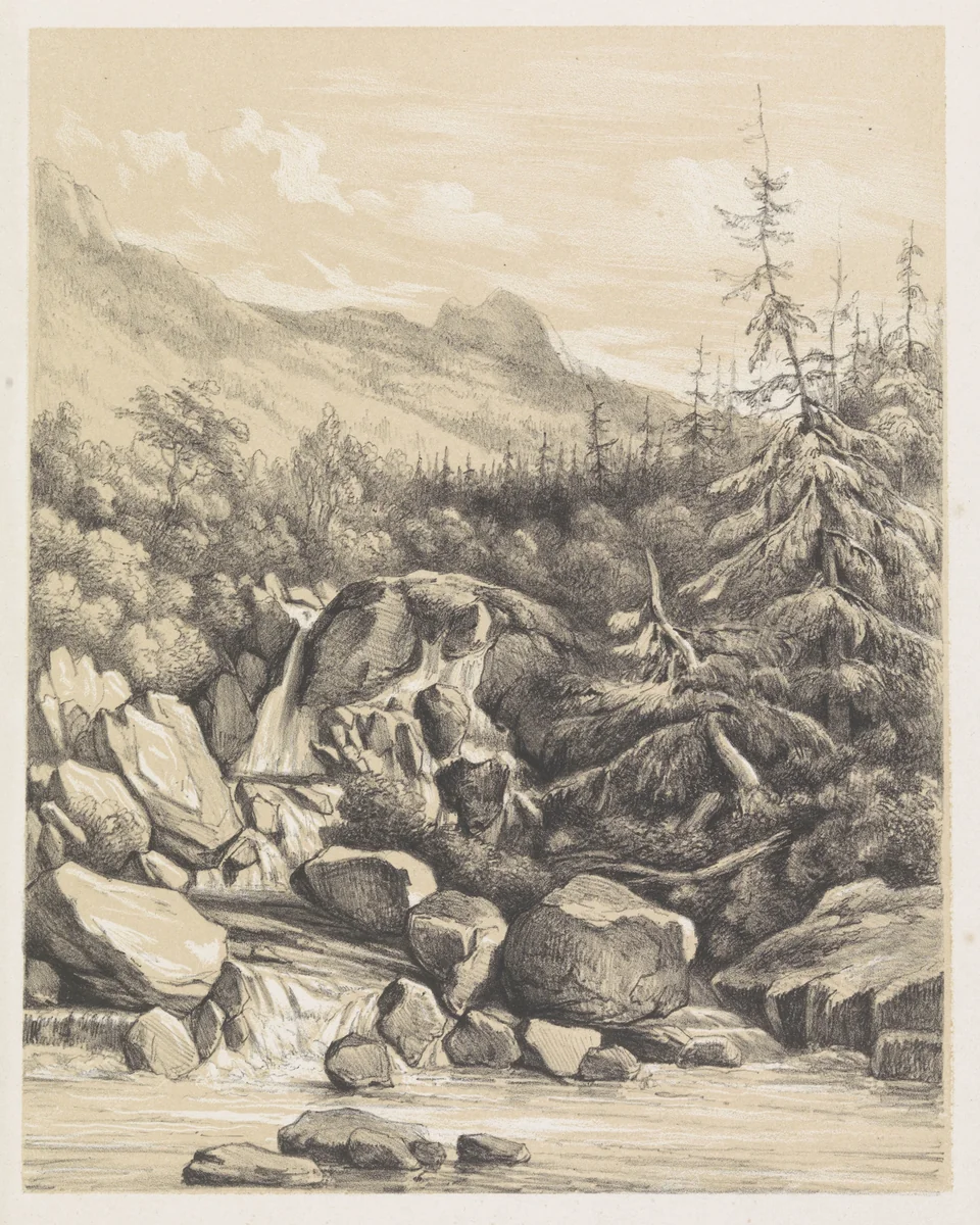 Berglandschap met waterval by Nicolaas Barnouw, print, 1819-1873