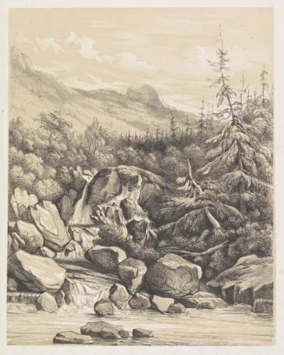Berglandschap met waterval by Nicolaas Barnouw, print, 1819-1873