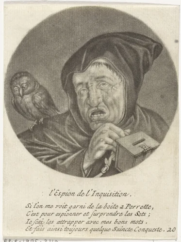 Monnik met een uil by Jacob Gole, print, 1670-1724