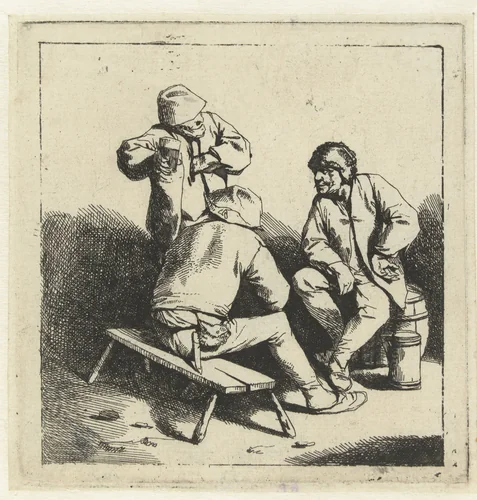 Drie drinkende mannen by Cornelis Pietersz. Bega, print, 1642-1664