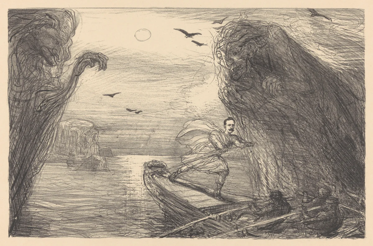 Willem Treub als Odysseus tussen Scylla en Charybdis by Marius Bauer, print, 1896