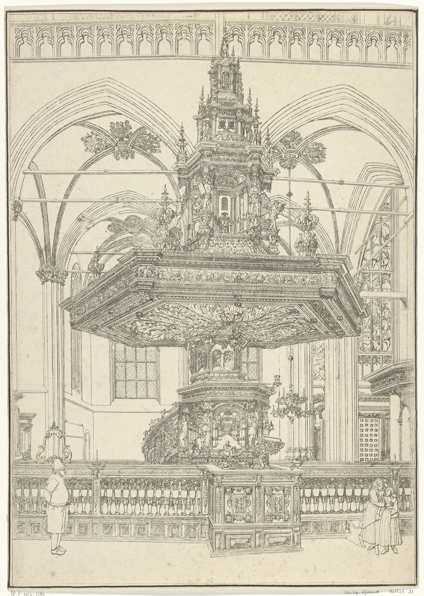 Preekstoel in de Nieuwe Kerk in Amsterdam by Pieter Holsteyn, print, 1649-1673