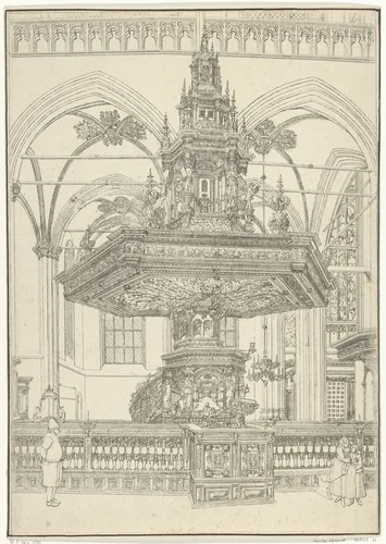 Preekstoel in de Nieuwe Kerk in Amsterdam by Pieter Holsteyn, print, 1649-1673