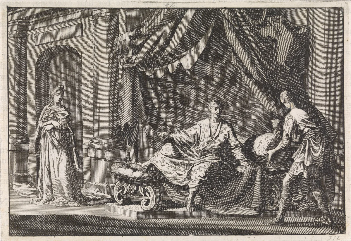 Herodes op zijn rustbed by Jan Luyken, print, 1704