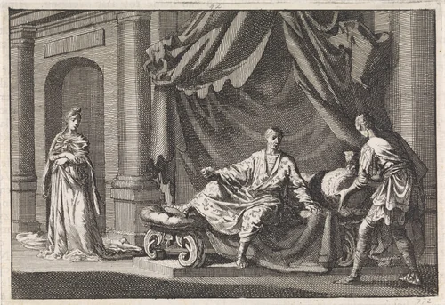 Herodes op zijn rustbed by Jan Luyken, print, 1704