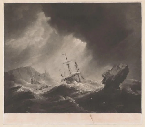 Storm op zee met schipbreuk en zinkend schip by James Watson, print, 1758-1790