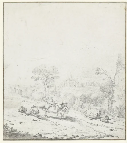 Italiaans landschap met rustende reiziger met ezels by Karel du Jardin, drawing, 1632-1678
