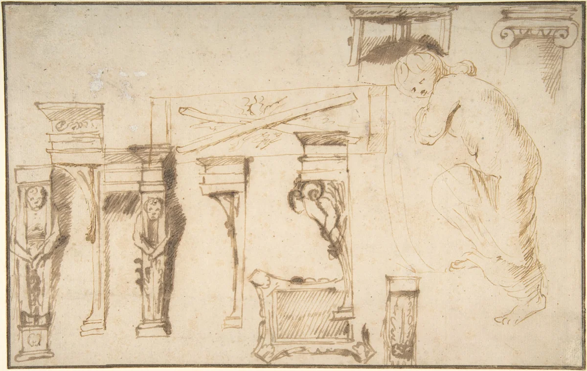 Design for a Chimney Place and Study of a Nude Female Figure by anonymous, drawing, 1590-1640