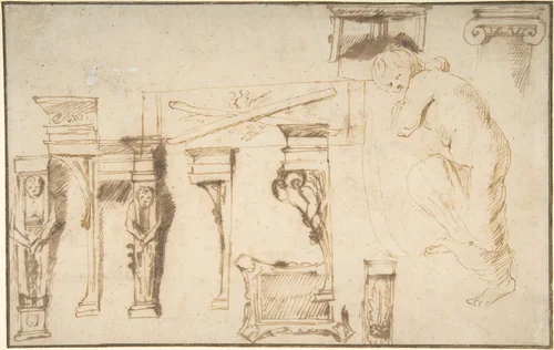 Design for a Chimney Place and Study of a Nude Female Figure by anonymous, drawing, 1590-1640