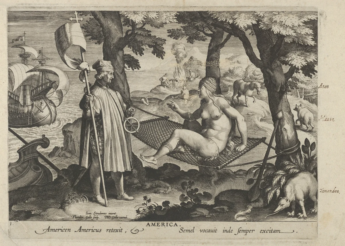 Allegory of America, from New Inventions of Modern Times (Nova Reperta), plate 1 of 19 by Theodoor Galle, print, 1595-1605