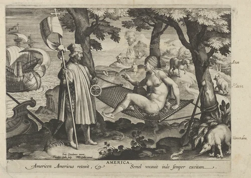 Allegory of America, from New Inventions of Modern Times (Nova Reperta), plate 1 of 19 by Theodoor Galle, print, 1595-1605