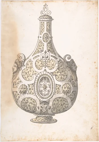 Design for a Silver- gilt Flask Decorated with Strapwork, Masks, Moresques by Erasmus Hornick, drawing, 1496-1583