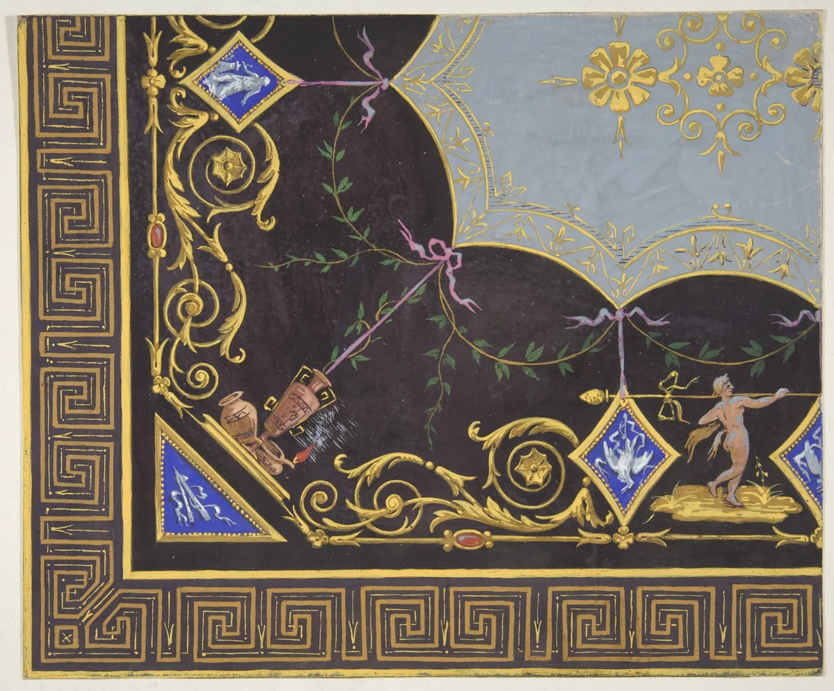 Design for wallpaper with Roman key border, rinceaux, and medallions by Jules-Edmond-Charles Lachaise, drawing, 1830-1897