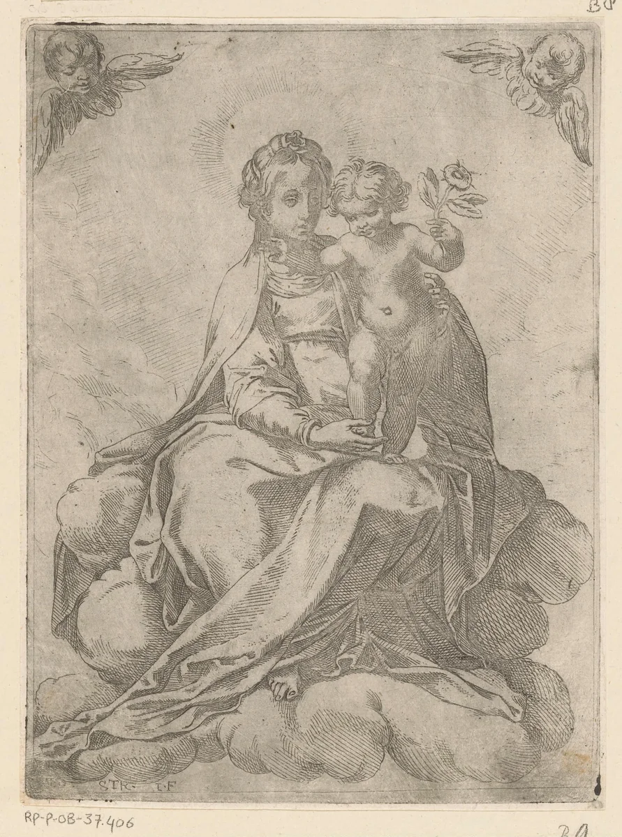 Maria met Kind en roos by Unknown, print, 1592-1622