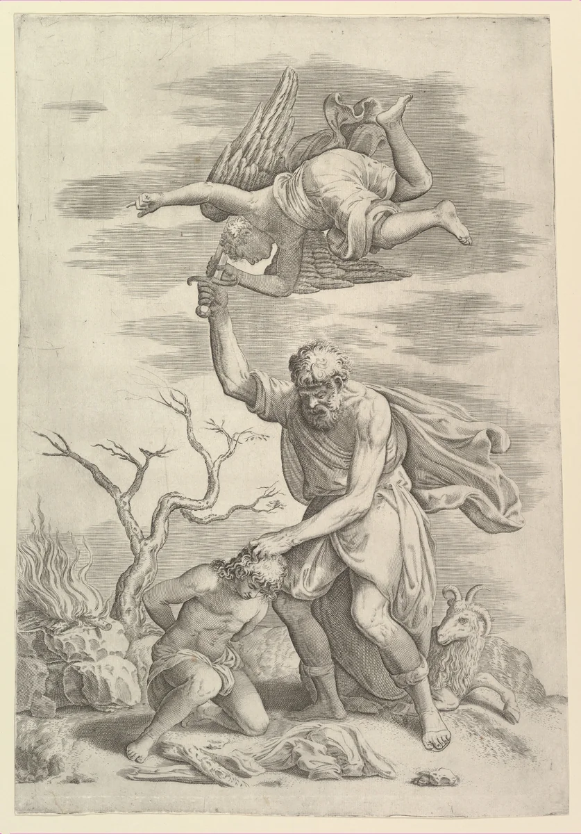 The sacrifice of Abraham who needs before Isaac who raises his sword to strike him by Battista Franco, print, 1535-1545