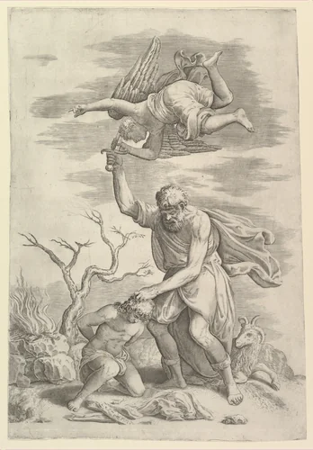 The sacrifice of Abraham who needs before Isaac who raises his sword to strike him by Battista Franco, print, 1535-1545